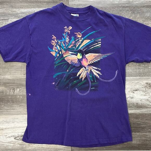 Vintage 90s Hanes Purple Mens Large Humming Birds Flower Nature Graphic T-Shirt - Picture 1 of 6